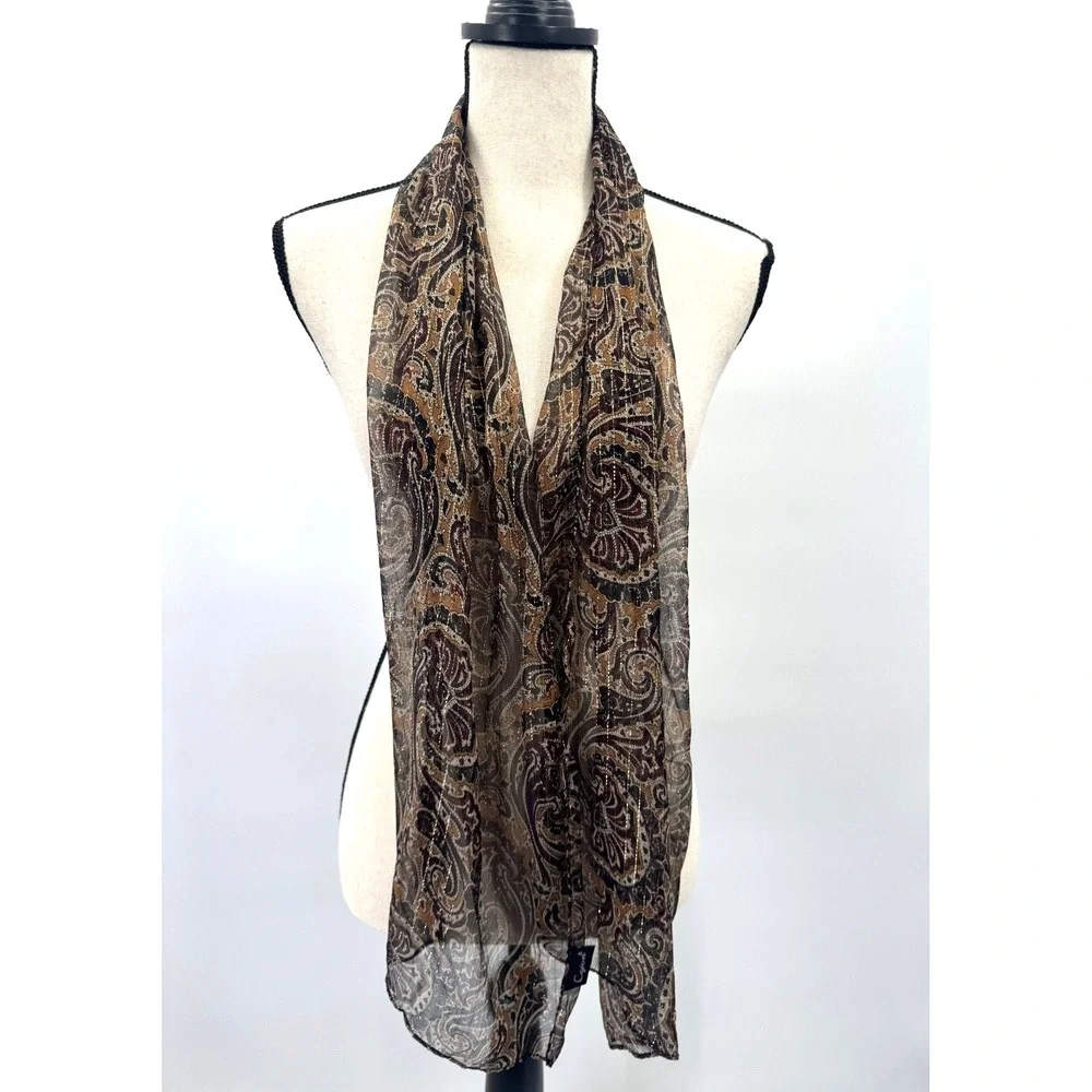 Cejon Brown Gold Silk Paisley Scarf Wrap Boho Earthy Lightweight Sheer Shawl